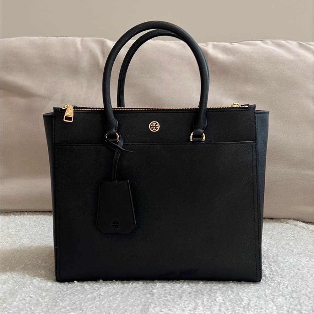 Tory Burch Robinson black saffiano tote.  EUC.